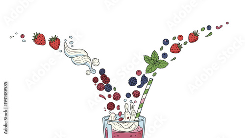 Creative composition of fresh berries, mint, and cream splashing in a 'V' shape out of a glass, symbolizing vitamins or victory.