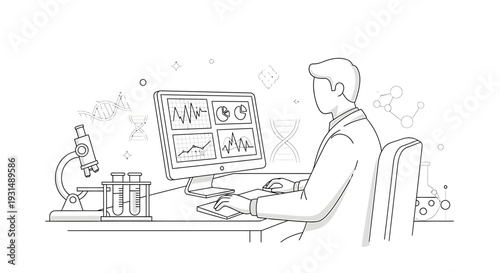 Scientist analyzing data on a computer with graphs and charts displayed on the screen in a laboratory environment.