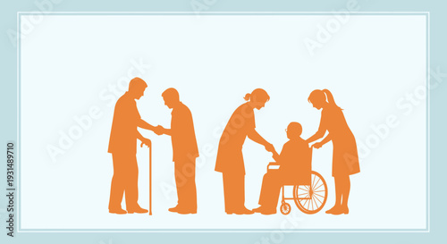 Caregivers assisting elderly person in a wheelchair with support and guidance from others nearby