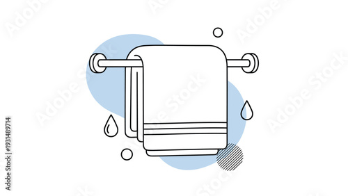 Modern line art icon of a folded towel hanging on a rack with abstract blue shapes and water drops, representing cleanliness and bathroom hygiene.