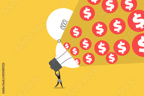 Business woman holding a giant lightbulb that pours out numerous dollar coins, representing monetizing creative ideas, innovation profit, and success