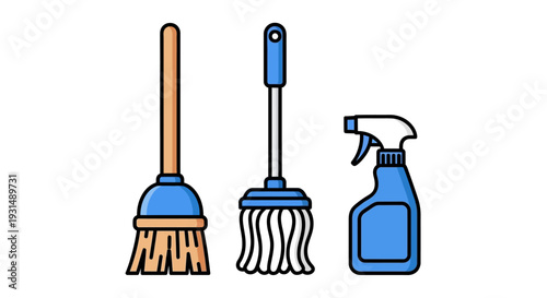 Set of cleaning tools including broom, mop, and spray bottle