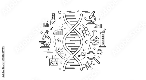 Scientific symbols and DNA double helix surrounded by laboratory equipment and research tools in a detailed illustration