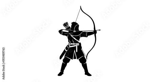 Silhouette of an Archer Aiming Bow in Traditional Outfit