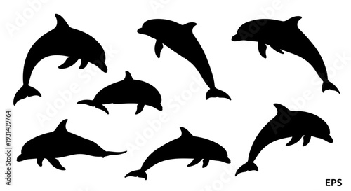 Collection of various dolphin silhouettes jumping and swimming in different directions against a simple background from various viewpoints