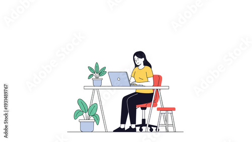Modern flat vector illustration of a young woman working remotely on her laptop at a desk with plants, depicting a comfortable home office or freelance lifestyle.
