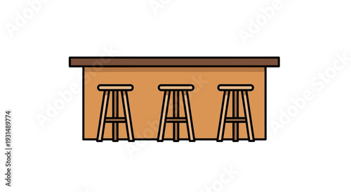 Minimalist bar counter with three wooden stools on white background