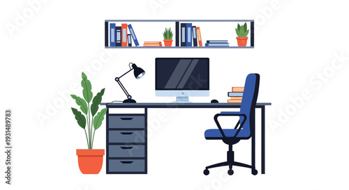 Modern minimalist home office desk setup with computer and plants