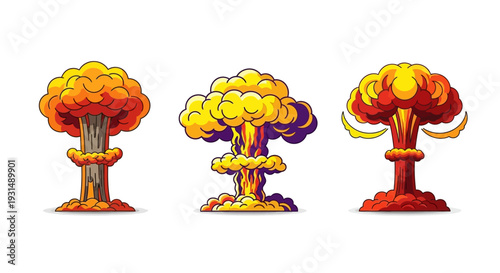 Set of three massive nuclear-style mushroom cloud explosion illustrations