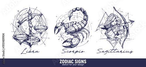set of vector graphic illustrations of zodiac signs in an abstract geometric sketch style. Libra, Scorpio, Sagittarius. Set 3