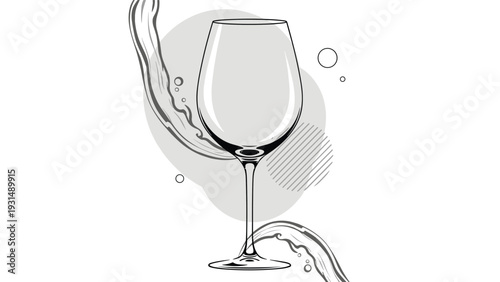 Elegant black and white illustration of an empty wine glass with abstract splashes and modern shapes in the background, ideal for menus or event invitations.