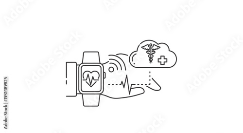 A hand holding a smartwatch with a heartbeat monitor, connected to a cloud with a medical symbol, illustrating health tracking technology.
