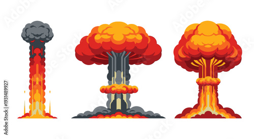 Set of three massive nuclear-style mushroom cloud explosion illustrations