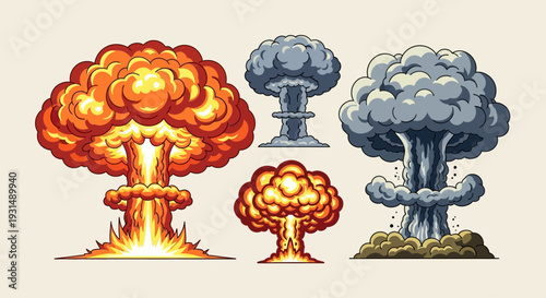 Set of three massive nuclear-style mushroom cloud explosion illustrations