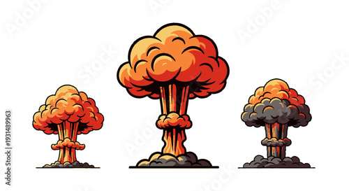Set of three massive nuclear-style mushroom cloud explosion illustrations