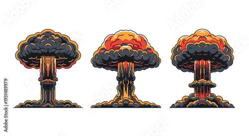 Set of three massive nuclear-style mushroom cloud explosion illustrations