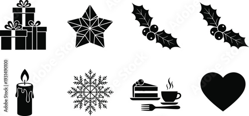 Black Christmas Silhouette Icon Set Featuring Gift Boxes, Geometric Star, Holly Berries, Lit Candle, Snowflake, Cake with Coffee, and Heart Shape.