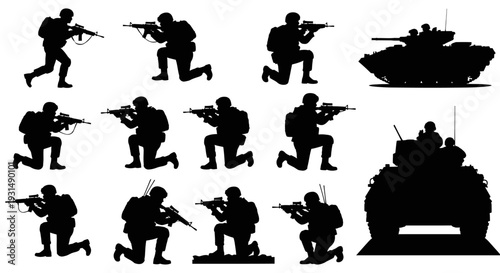 Vector silhouettes of soldiers on duty, troops, military man, armored army in various combat poses isolated on white background. War, conflict, battlefield concept