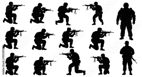 Vector silhouettes of soldiers on duty, troops, military man, armored army in various combat poses isolated on white background. War, conflict, battlefield concept