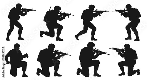 Vector silhouettes of soldiers on duty, troops, military man, armored army in various combat poses isolated on white background. War, conflict, battlefield concept
