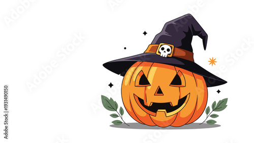 Cheerful Halloween jack-o'-lantern with a carved smile wearing a pointy witch hat, isolated on a white background with decorative leaves and sparkles.