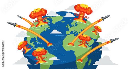 World war 3, Flat vector illustration of a globe with nuclear explosions and ballistic missiles, representing global crisis and destruction