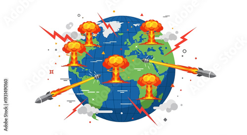 World war 3, Flat vector illustration of a globe with nuclear explosions and ballistic missiles, representing global crisis and destruction