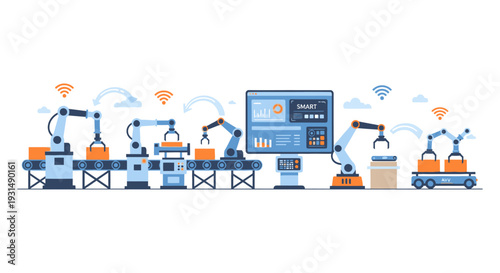 Industry 4.0 Smart Factory Automation: Robotic Arms, Conveyor Belt, AGVs, and IoT Data Monitoring for Modern Manufacturing & Logistics