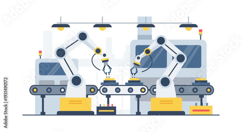 Automated Factory Production Line with Robotic Arms and Conveyor Belt Illustration
