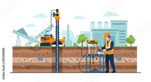 Geotechnical Site Investigation: Engineer Conducting Soil Testing with Drilling Rig and Core Sample Analysis for Construction Project Planning