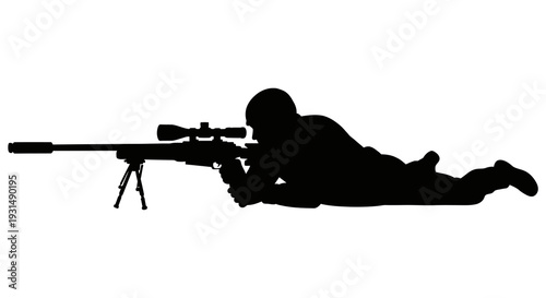 Silhouette of a Sniper in Prone Position with Rifle