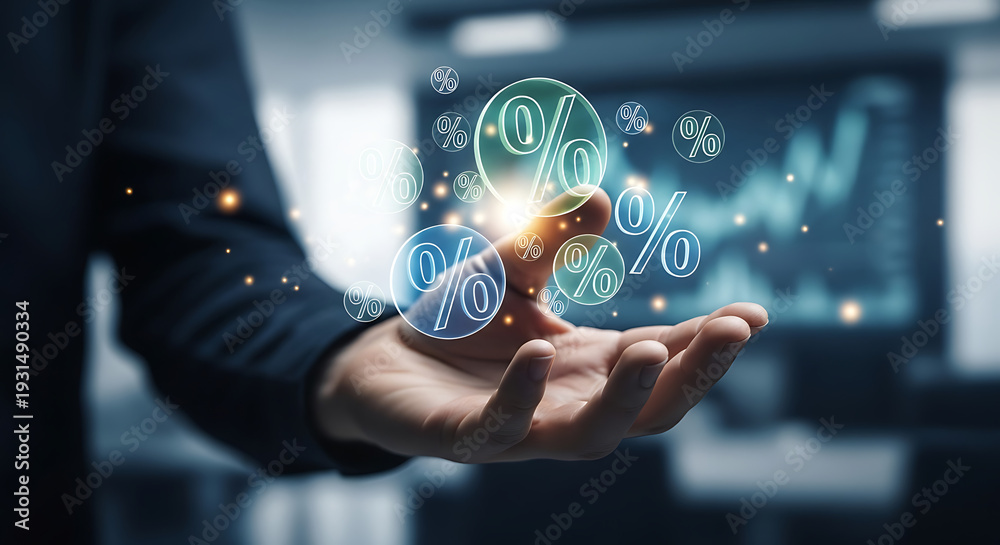Fototapeta premium A businessman's open palm delicately holds a cluster of glowing percentage icons, which subtly illuminate his hand, symbolizing financial growth, business success, and market analysis.