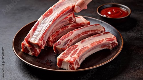 Raw pork ribs on plate with sauce