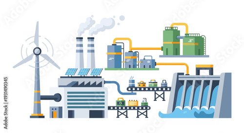 Industrial Production, Green Energy & Waste Management System - Wind, Solar, Hydro Power and Manufacturing Processes Illustration