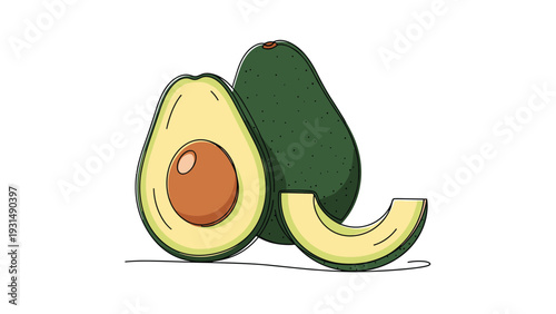 Modern continuous line drawing of a whole avocado, a half with a seed, and a slice, with added color for a fresh and trendy healthy food concept.