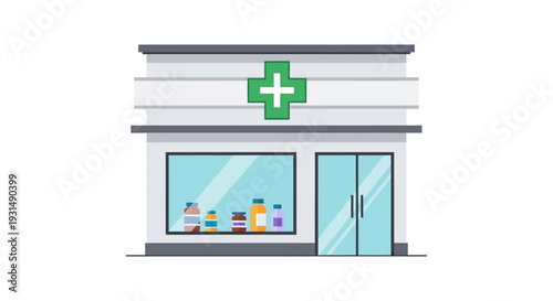 Flat design pharmacy building with glass facade and green cross