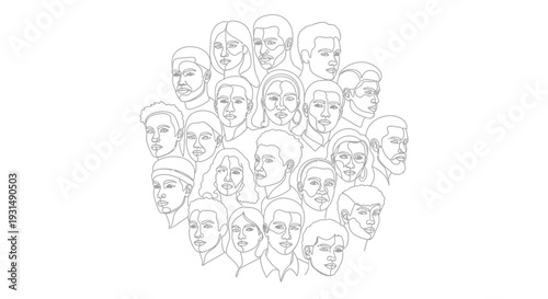 Diverse Group Of People Faces Circle Outline Drawing