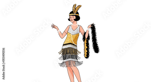 Art Deco Flapper Woman in Vintage 1920s Costume with Feather Boa