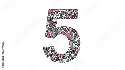 Decorative number five created from intricate black filigree swirls and delicate pink hearts, making a romantic and elegant numeral for special occasions.