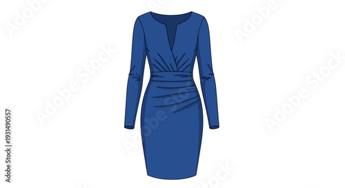 Elegant blue long-sleeve dress with ruched detailing on white background