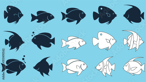 A collection of various fish icons, including silhouettes and line art styles, set against a blue background, representing aquatic life, marine biology, and fishing.