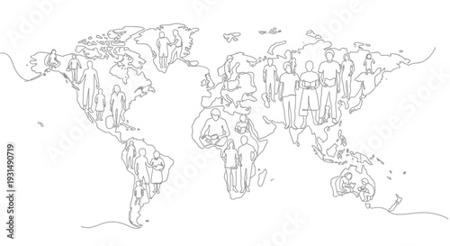 World Map Outline Filled With Diverse People Illustrations