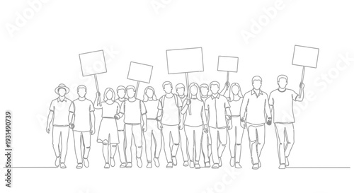 Protestors Marching with Blank Signs - Crowd Demonstration Line Art