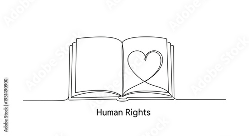 Open Book with Heart Symbol, Human Rights Concept, Continuous Line Drawing