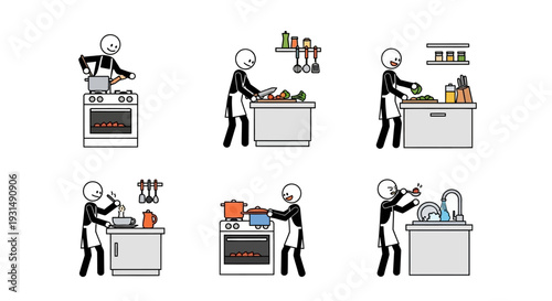 Stick figure chef cooking and preparing meals in kitchen