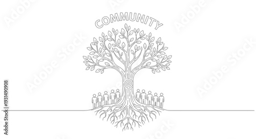 Community Tree with Roots and People Silhouette, Unity and Connection Concept