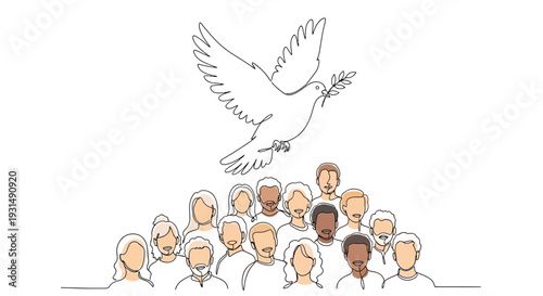 Diverse people united under a dove of peace, hope, and unity