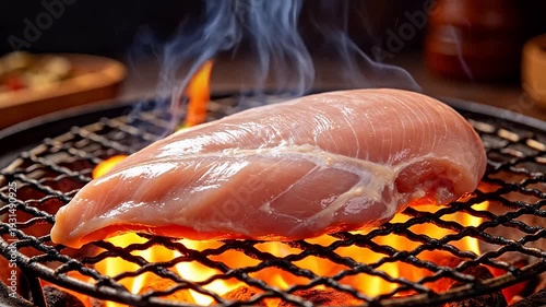 Raw chicken breast cooking on grill