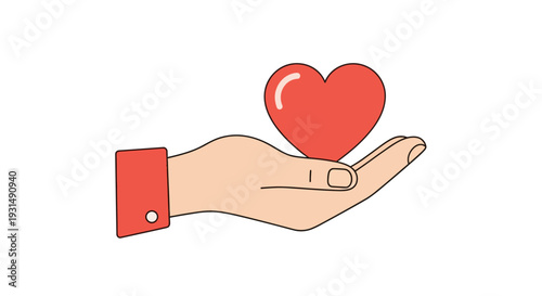 Hand holding a red heart symbol on a white background