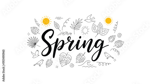 A handwritten "Spring" lettering surrounded by a collection of charming hand-drawn doodles of leaves, birds, and suns, creating a fresh and playful seasonal design.